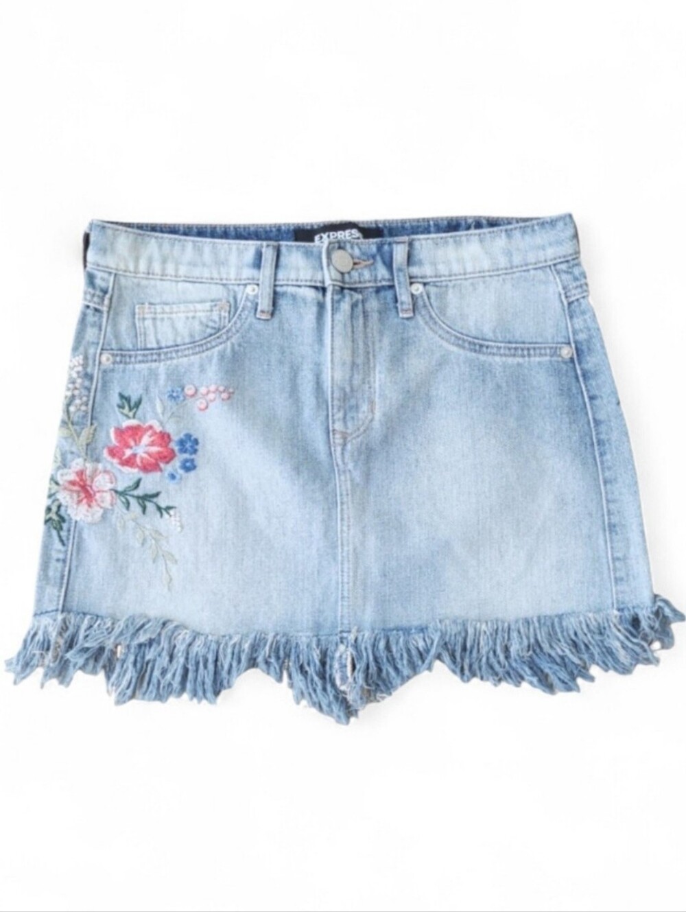 Express Floral Embroidered Denim Mini Skirt 4 Boho Festival Coquette Blue Y2K